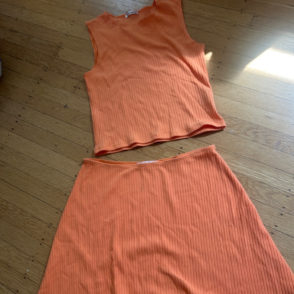 Reformation Orange Ribbed Skirt Set